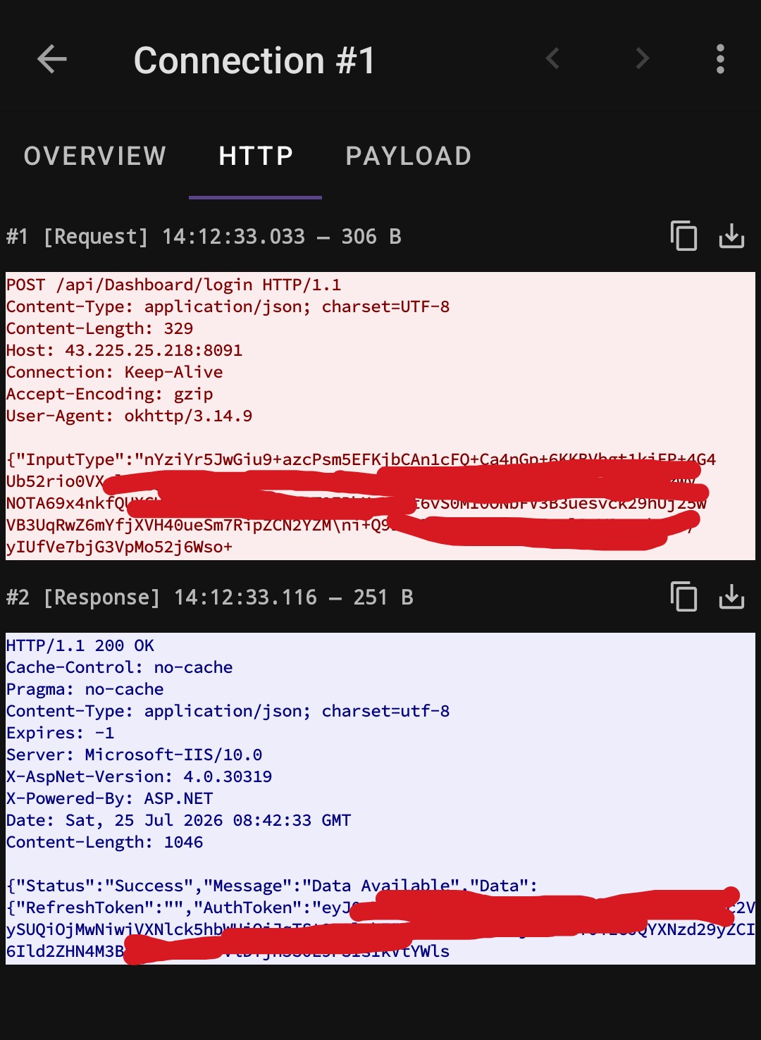 Packet capture of the Android app using PCAPdroid